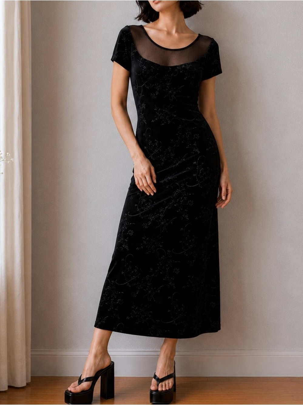 Vintage Y2K CDC Black Velvet Illusion Mesh Whimygoth Maxi Dress Size 6